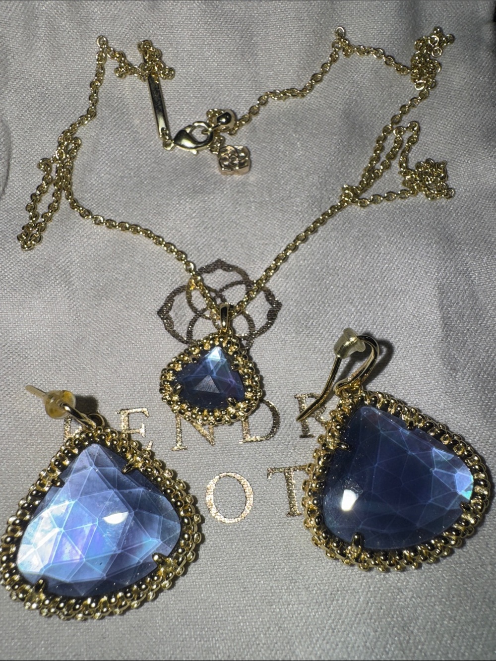 Kendra Scott set Gold-Tone Necklace and Earrings Set with Blue Triangle Crystal - Picture 2 of 5